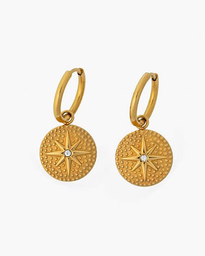 Gold-plated hoop earrings with compass medallion